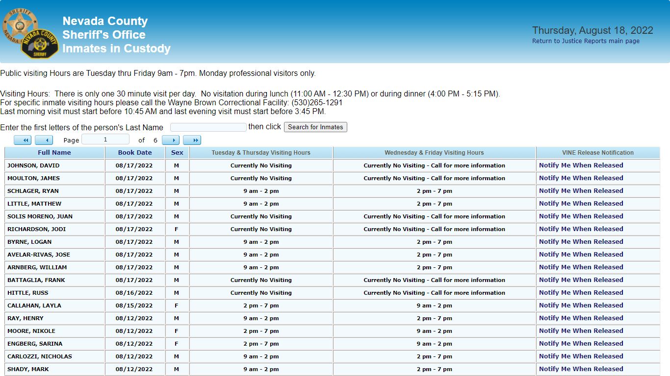 Inmates in Custody - County of Nevada Public Reporting